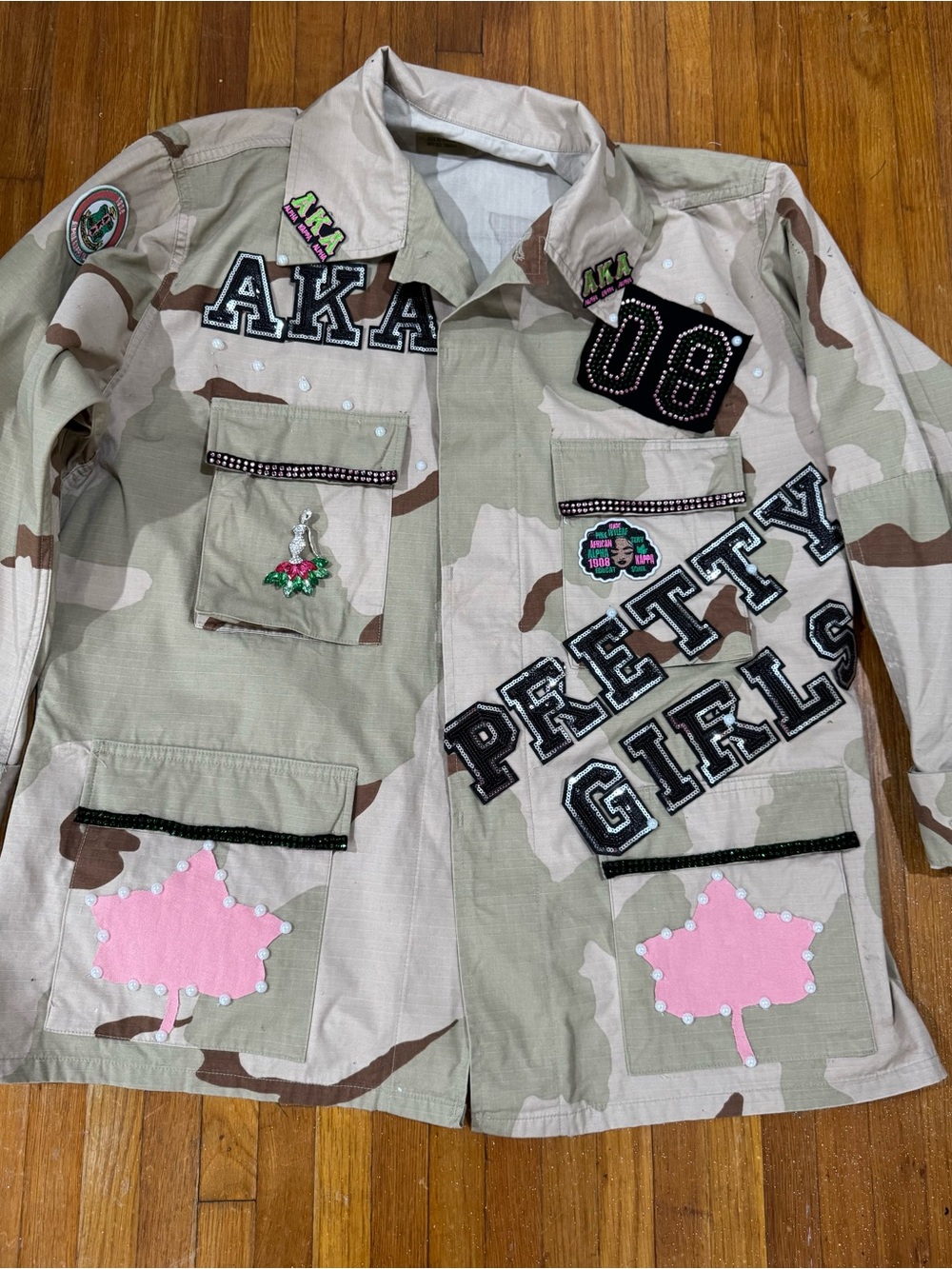 AKAlpha Camouflage Beige Pink Green Black Patchwork Jacket with Brooch